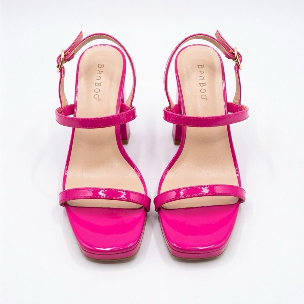 BAMBOO Hot Pink Patent Leather Square Toe Platform Chunky Heel Sandals size 6.5